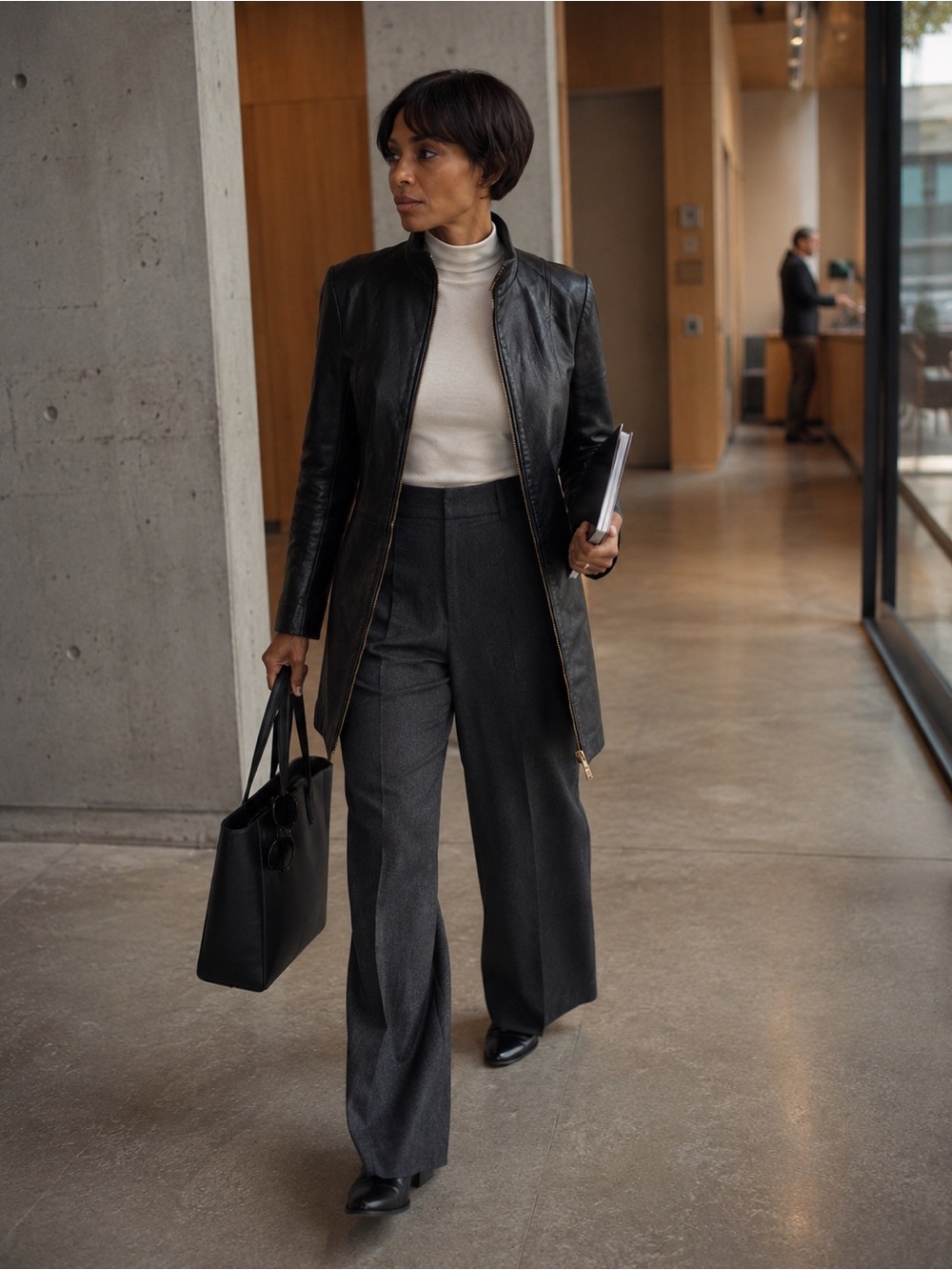 Colebrook & Co Black Leather Funnel Neck Longline Jacket Coat Dress Minimalist - Picture 8 of 15